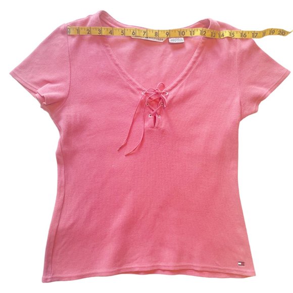 Tommy Hilfiger Pink Ribbed V Neck Lace T-Shirt Sz L - Picture 2 of 9